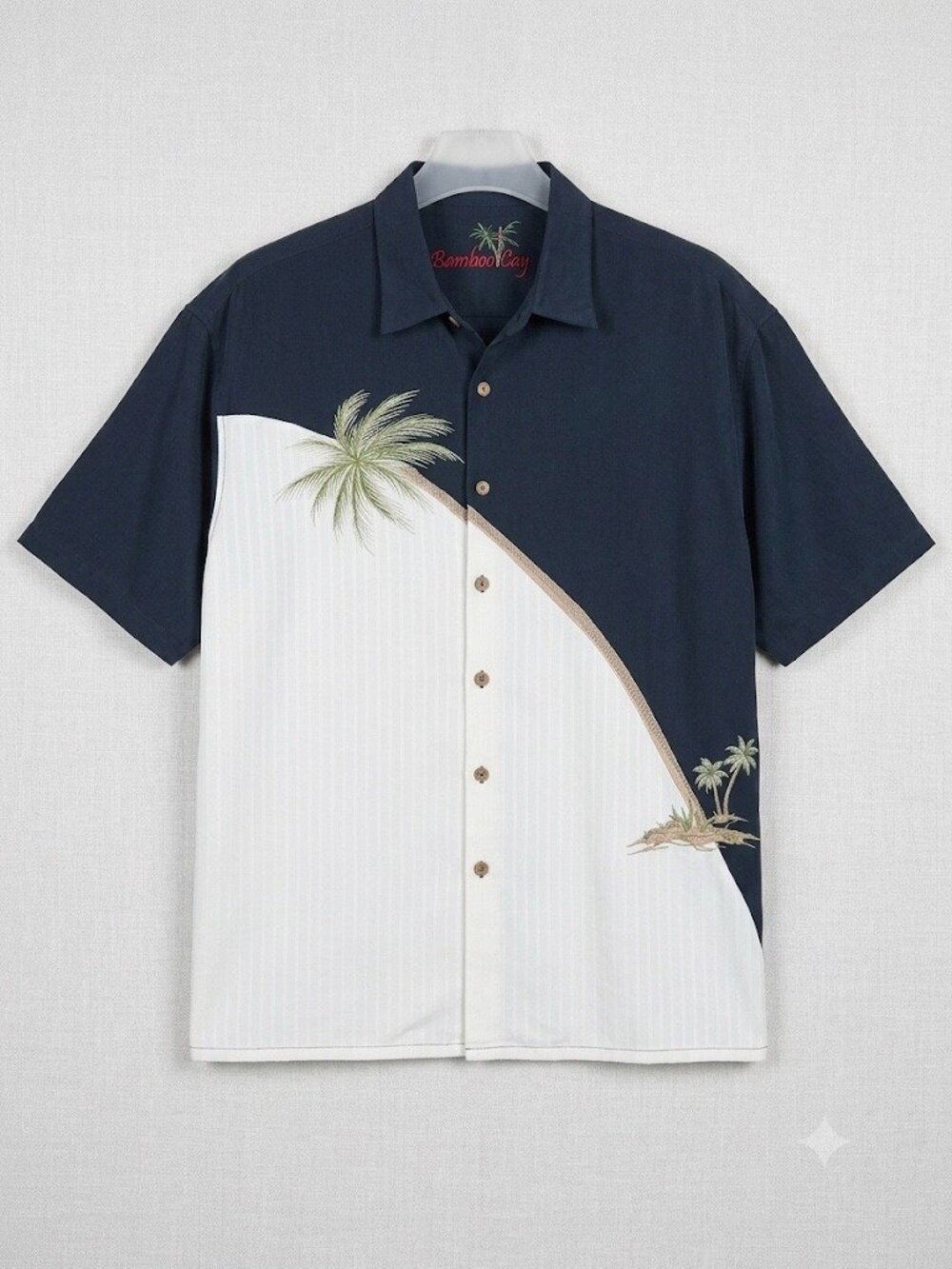 Bamboo Cay Short Sleeve Shirt Palm Tree Embroidered Black White XL Vintage Beach